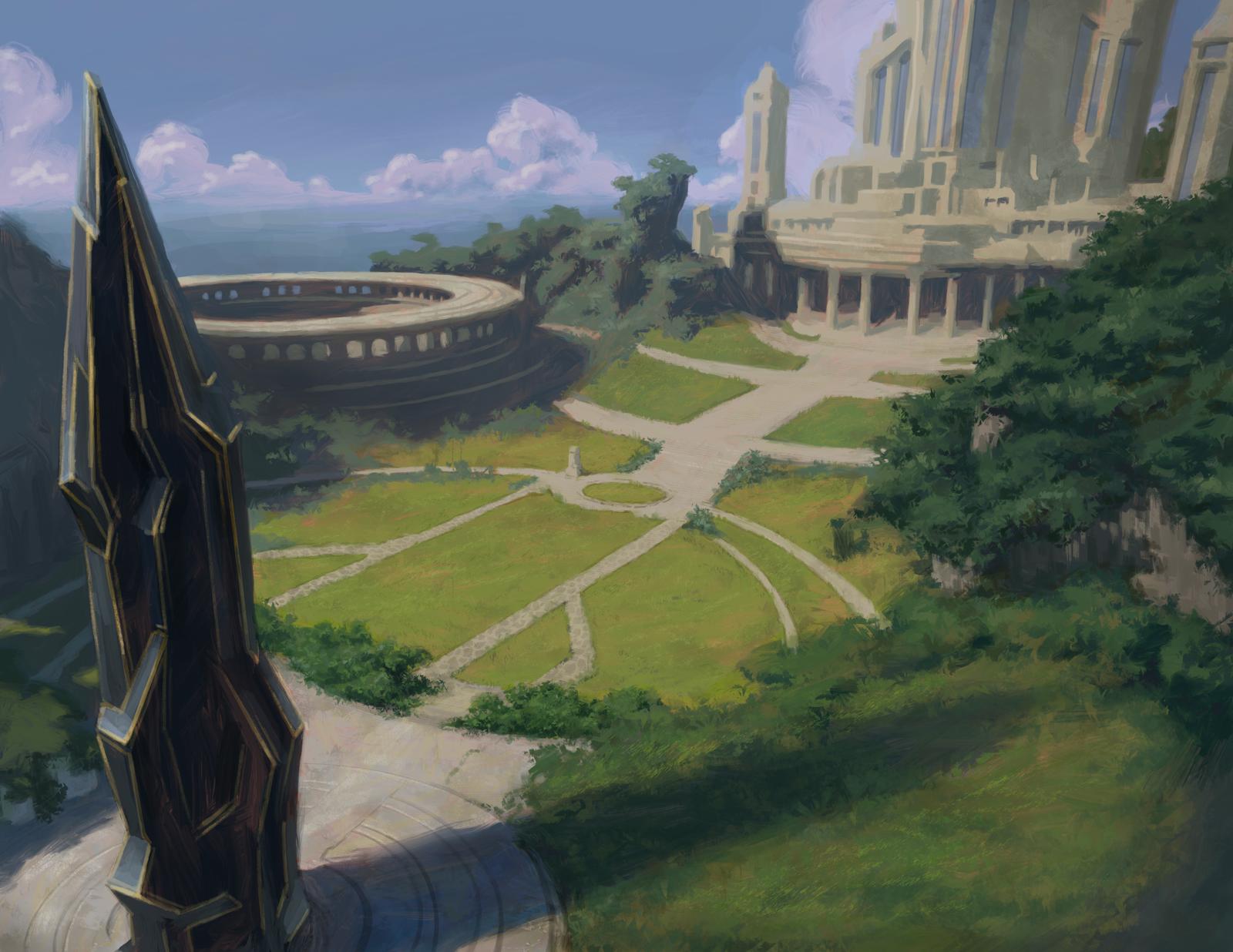The campus of Academy Arcantra: observatories and towers above a great green commons.