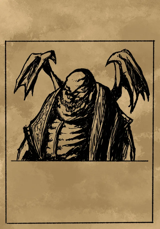 Hand-inked winged devil card on parchment.