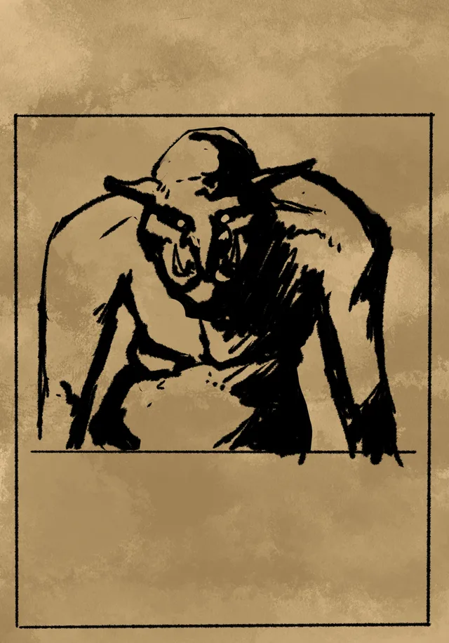 Hand-inked troll card on parchment.