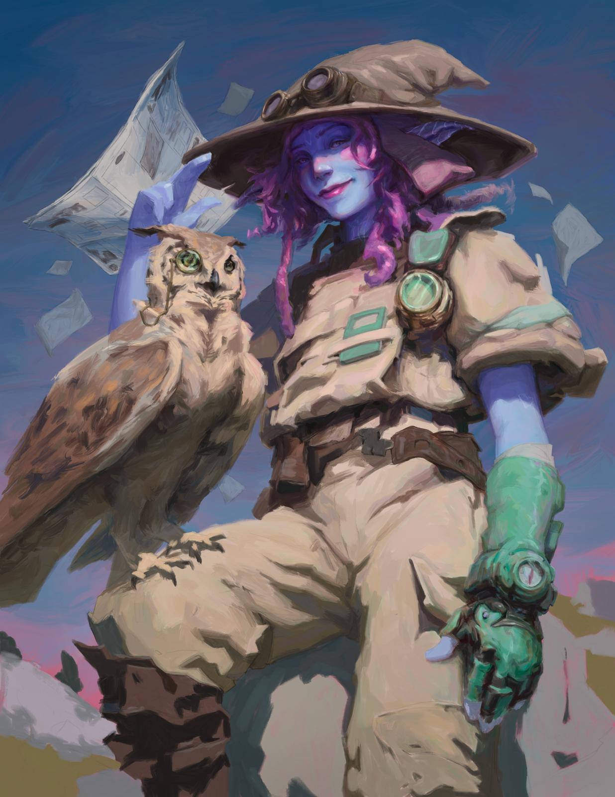 An explorer and her owl familiar set out.