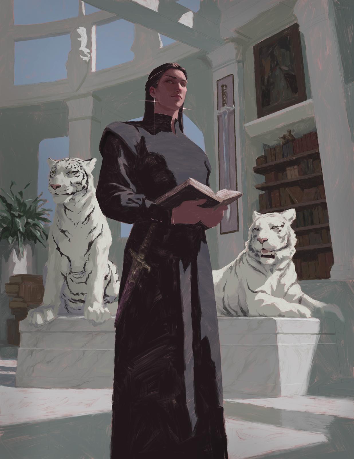 A scholar reading between the white guardians of the Arcantra library.