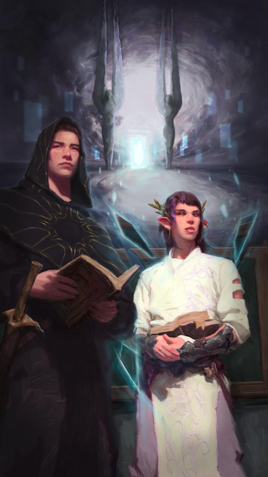 Two Arcantra students before a radiant arcane gateway.